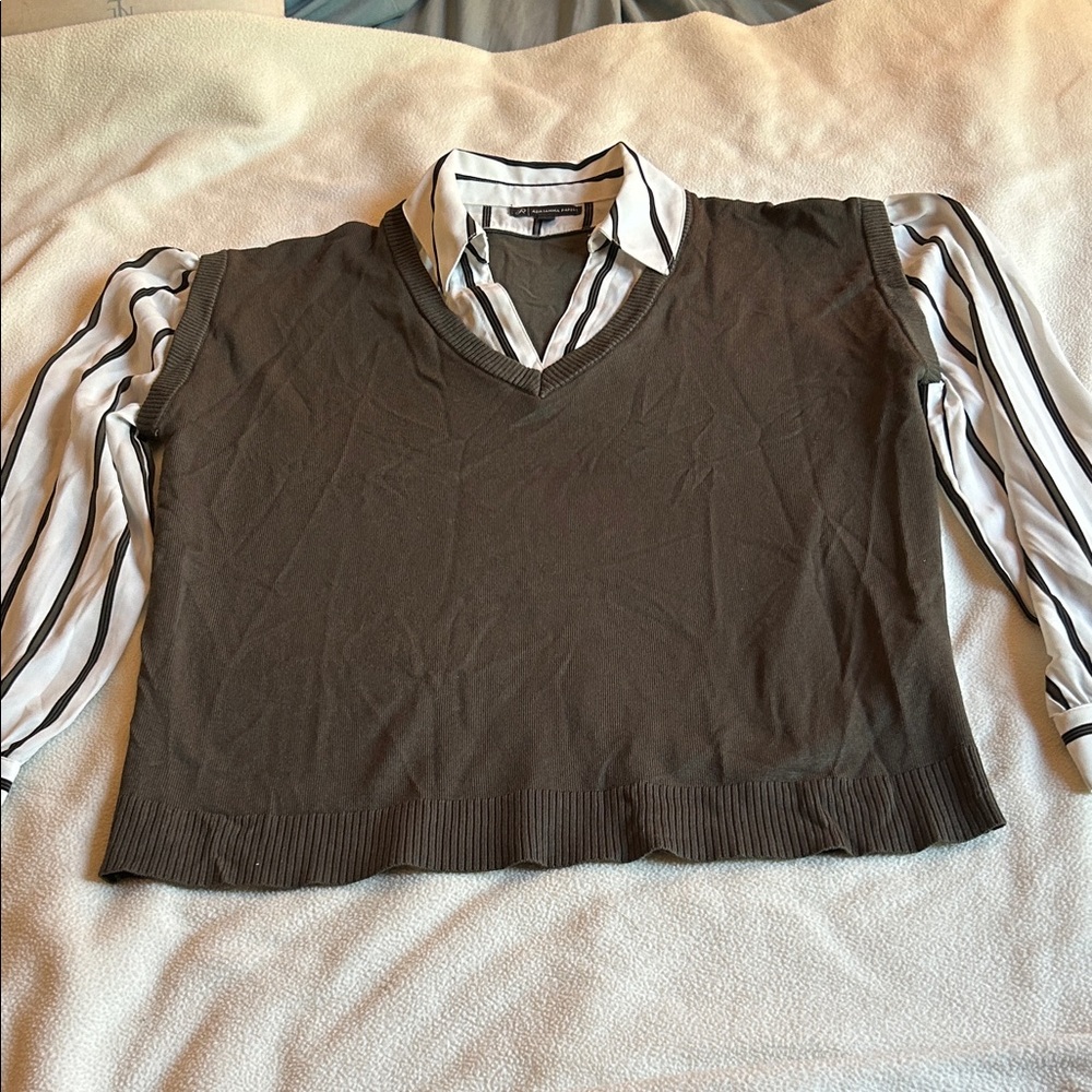 Adrianna Papell Olive and White Striped Blouse